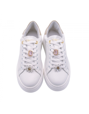 Sneakers Donna Vitamina Tu in Pelle Bianco Allacciatura con stringhe con applicazioni gioiello removibili