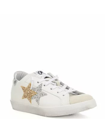 Sneakers Donna Two Stars 2SD4900 Bianco Stella Dorata e Argento
