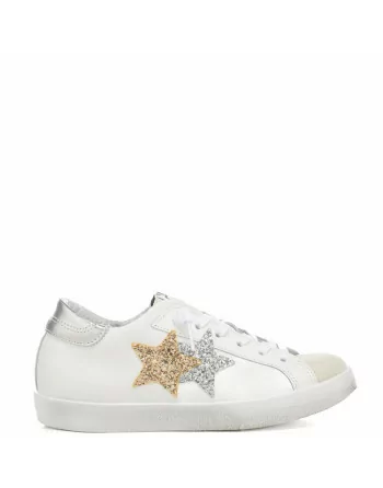 Sneakers Donna Two Stars 2SD4900 Bianco Stella Dorata e Argento