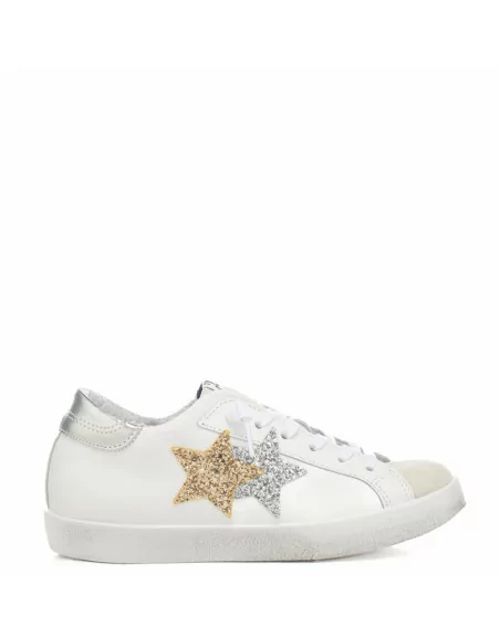 Sneakers Donna Two Stars 2SD4900 Bianco Stella Dorata e Argento