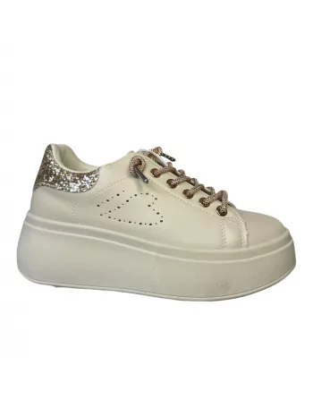 Sneakers Donna Julyenne in Pelle Beige o Bianco-Nero con lacci in Glitter