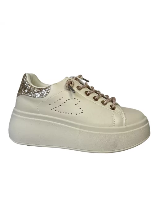 Sneakers Donna Julyenne in Pelle Beige o Bianco-Nero con lacci in Glitter