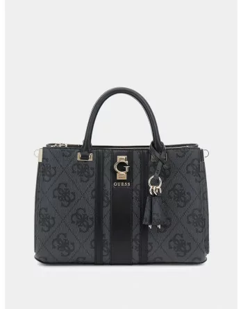 Borsa Guess Ereina Girlfriend Satchel Nero Cuoio in Ecopelle Saffiano, vista frontale