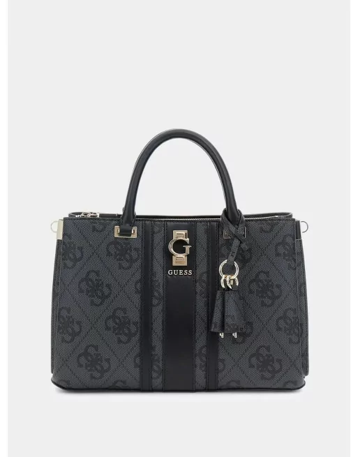 Borsa Guess Ereina Girlfriend Satchel Nero Cuoio in Ecopelle Saffiano, vista frontale