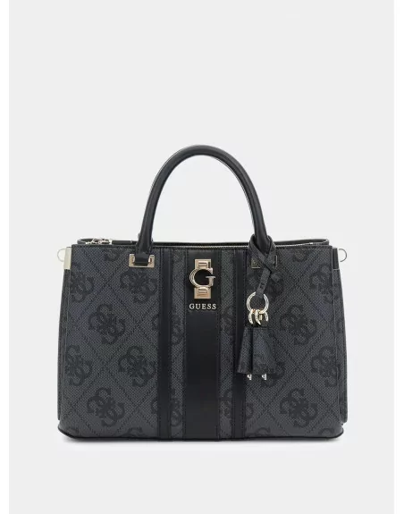 Borsa Guess Ereina Girlfriend Satchel Nero Cuoio in Ecopelle Saffiano, vista frontale